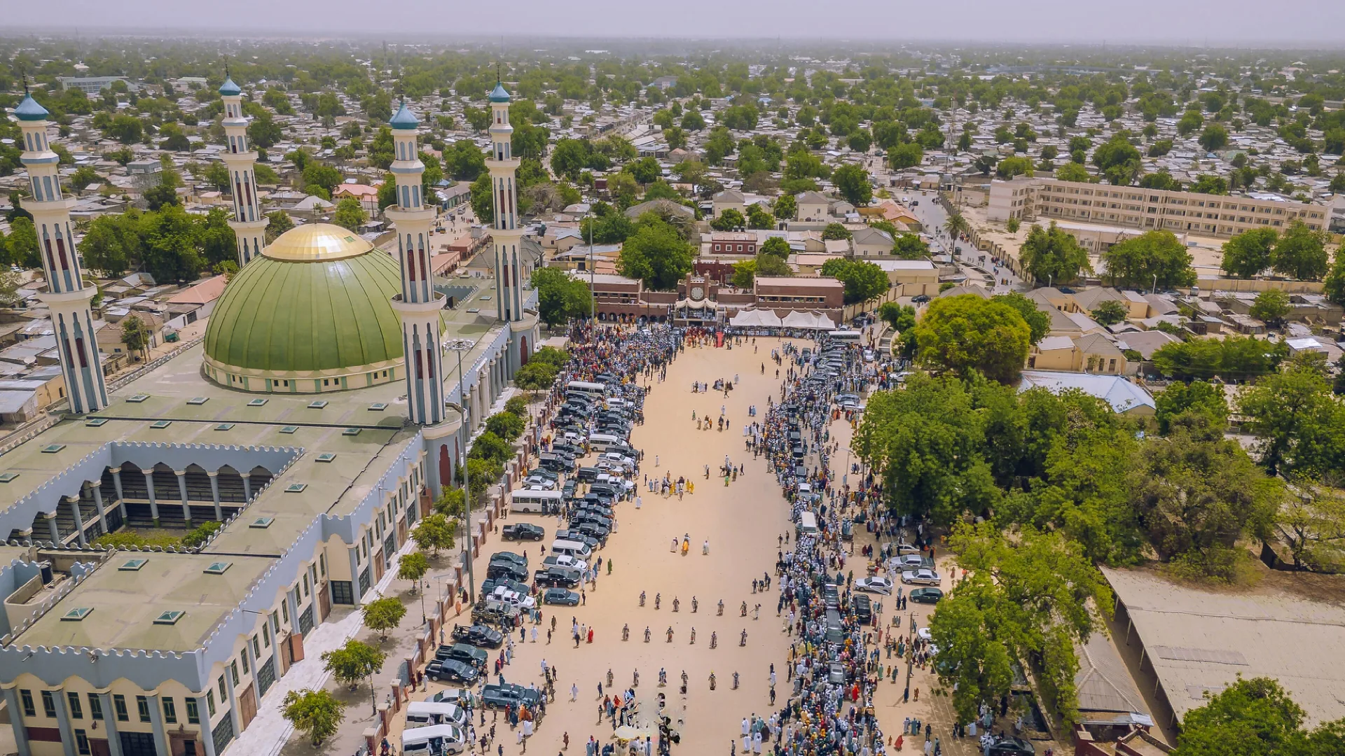 Aerial view of the Shehu's Palace and Central Mosque, Maiduguri, after Eid prayers